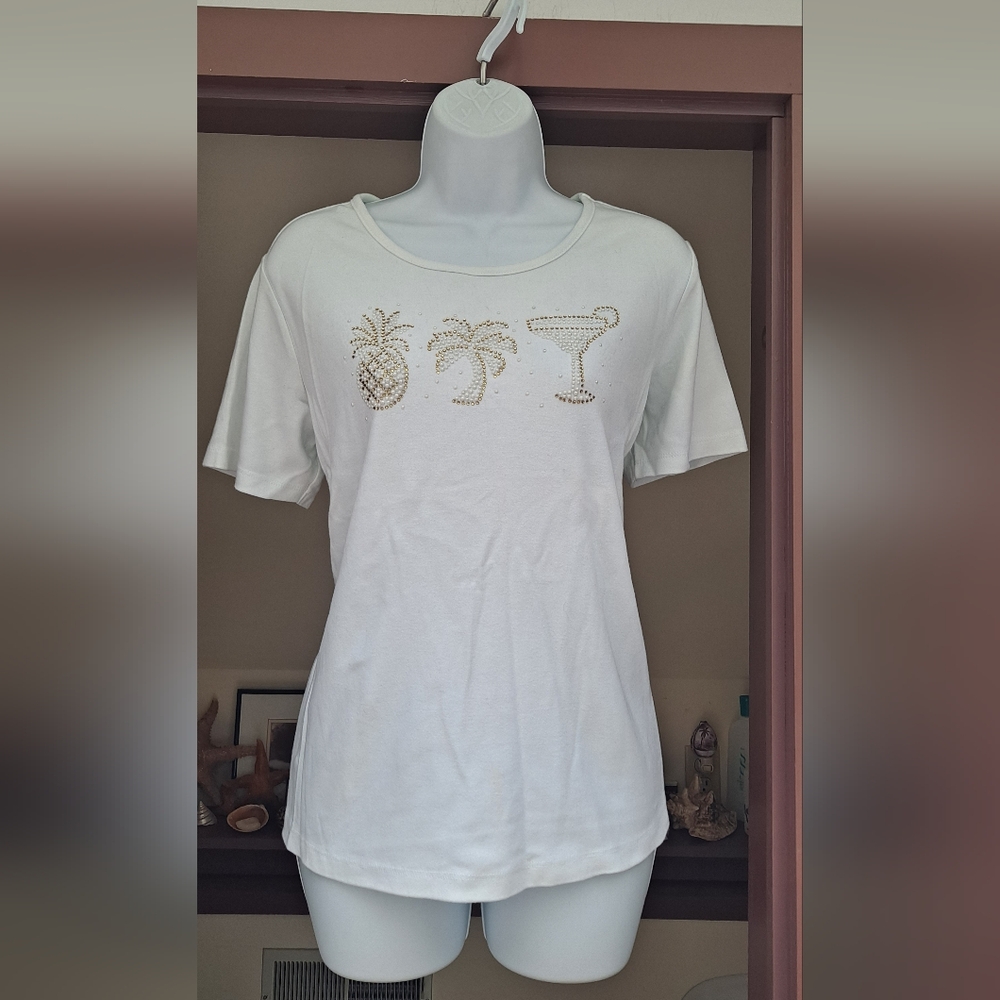 White Quacker Factory Tee-shirt Gold Pineapple Palm Tree Drink Glass MEDIUM